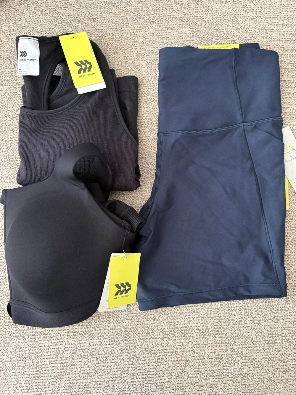 NWT all in motion Black Sports Bra with Navy High-Waist Shorts and Ribbed Tank
